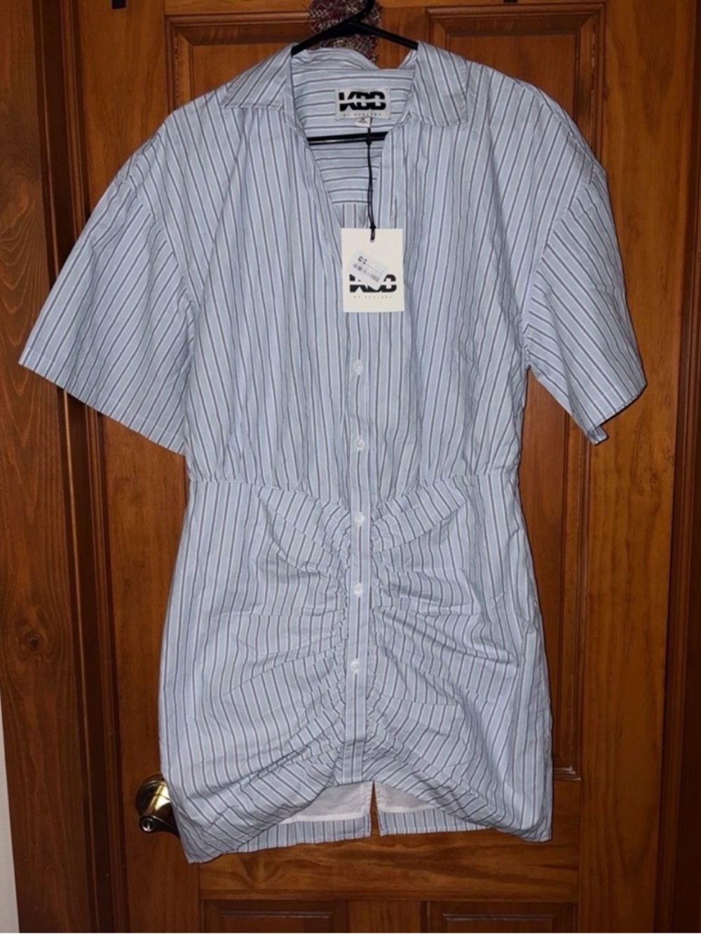 Large Women Short Sleeve Shirt Dress Blue & White Stripes Mini Length NWT